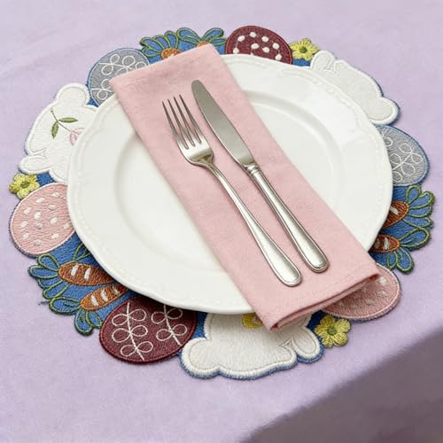 OVOY Easter Placemats Set of 2 - 13.77 Inch Round Embroidered Bunny Table Mats