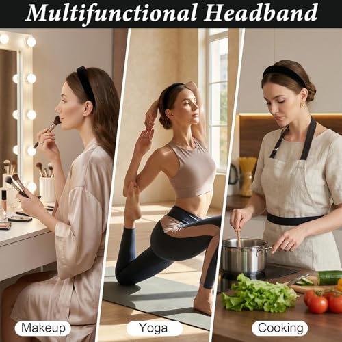 3 Pack Black Velvet Headbands for Women Padded Thick Hair Bands Non-Slip