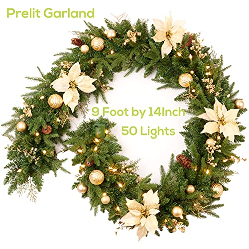 Pre-lit 9ft Christmas Garland with Gold Berries & Balls, Battery Operated - Gold / Christmas Decor