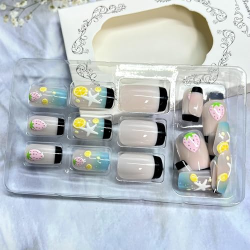 JCWGXC Summer Press on Nails Medium Square Black French Tip False Nails