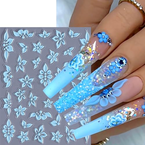 Quezadyl 6 Sheets 5D Embossed Floral Nail Stickers Colorful Flower Art Decals