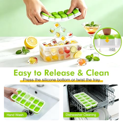 Green Ice Cube Tray with Lid & Bin - 4 Pack, Small, Stackable Freezer Mold