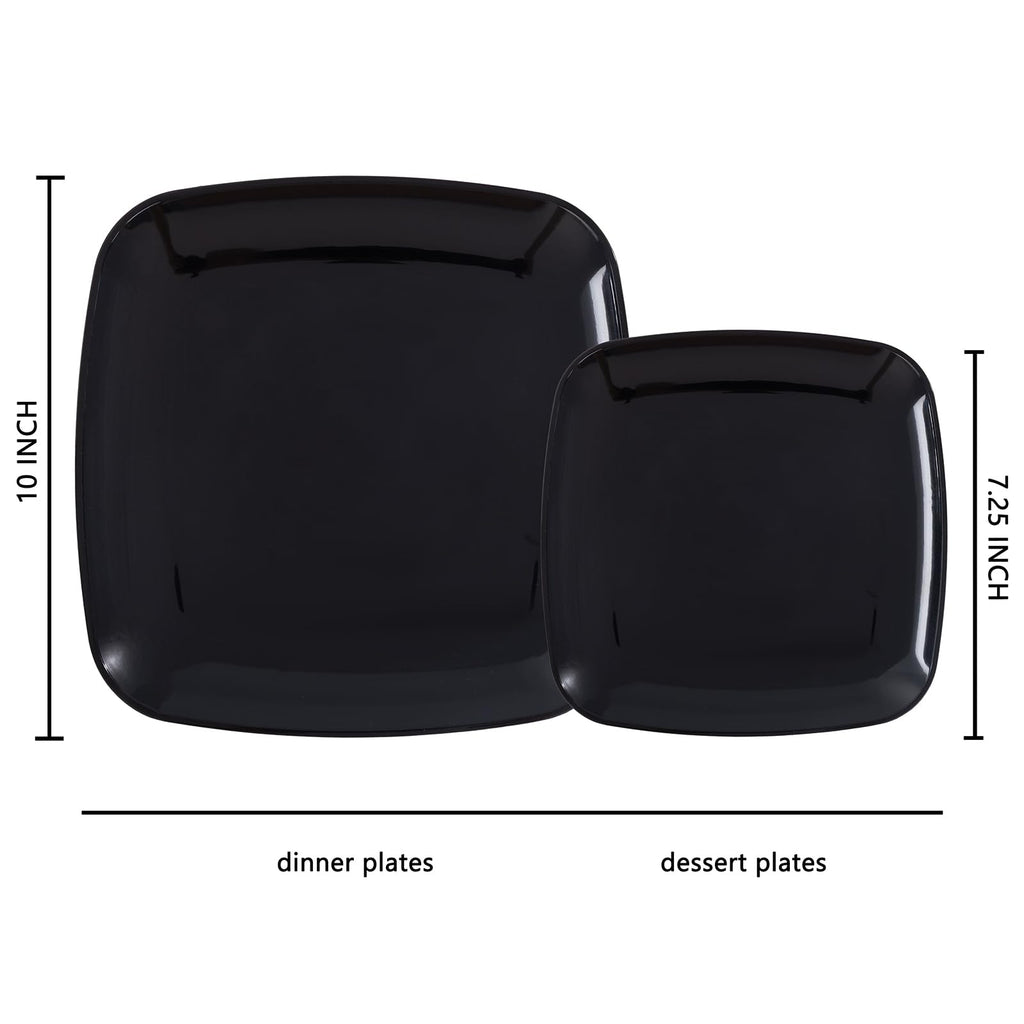 PULOTE 100 PCS Black Square Plastic Plates Disposable - Include 50 Each (10" Dinner & 7.25" Dessert) Plates - Ideal for Party & Graduation