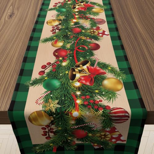 Christmas Ornament Bells Table Runner - Rustic Holiday Decor with Pine & Bells - 73x13 Inches