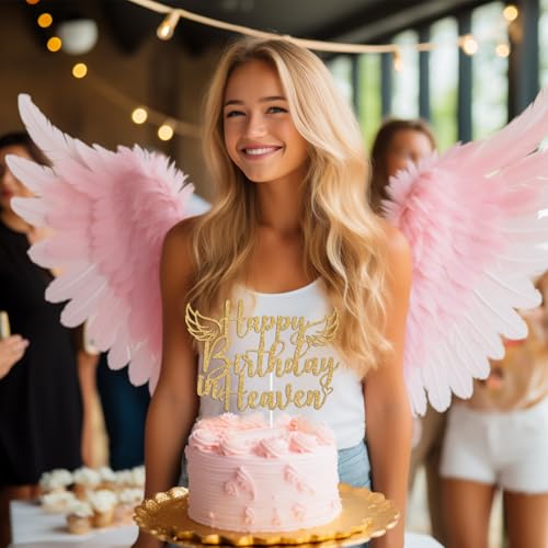 Happy Birthday in Heaven Cake Topper - Gold Glitter Memorial Decoration