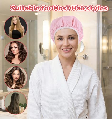 Waterproof Reusable Shower Caps for Women - 2 Pack Large Elastic Hair Cap