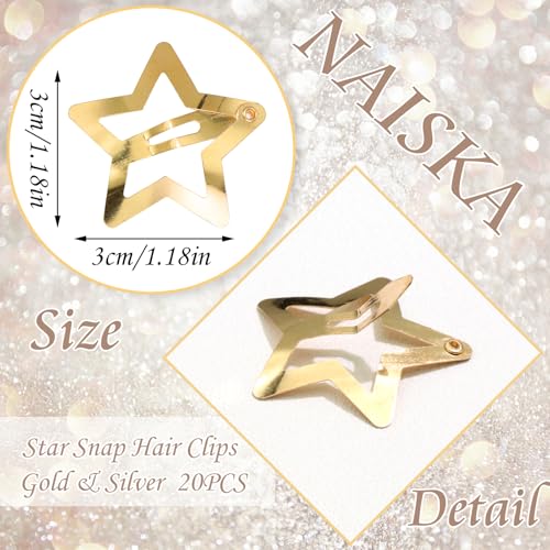 NAISKA Gold and Silver Star Hair Clips 20PCS Metal Y2K Snap Barrettes