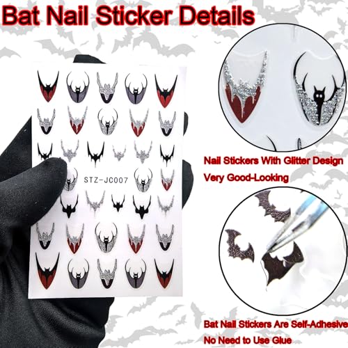 WIWUFUE 3D Bat Halloween Nail Stickers Glitter Gothic Decals 5 Sheets