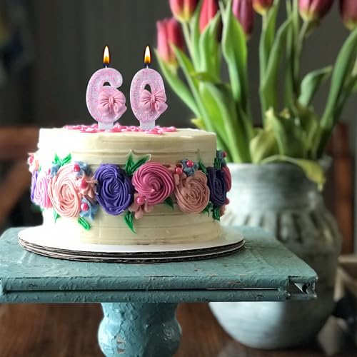 Number 60 Birthday Candle Pink Glitter Cake Topper with Bow Decor
