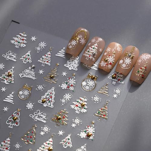 5D Embossed Christmas Nail Art Stickers White Gold Xmas Tree Decals