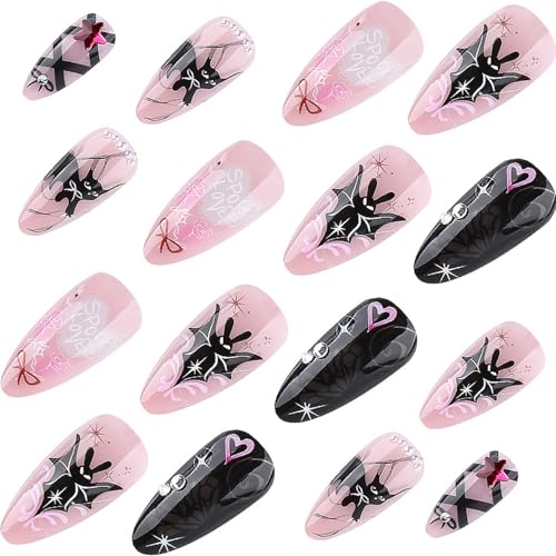 Halloween Press on Nails Medium Almond Gothic Black Bat Fake Nails 24pcs