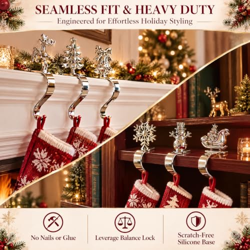 6 Pack Christmas Stocking Holders for Mantle - Iron Metal Hooks with Anti-Slip Pads