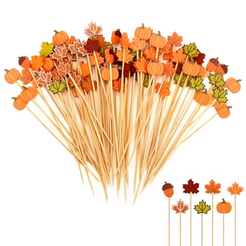Leislam 100 PCS Fall Thanksgiving Cocktail Picks - Bamboo Appetizer Skewers