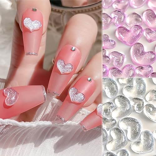 300Pcs Pink & White Heart Nail Charms - Jelly Resin Rhinestones