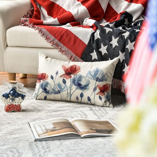 Patriotic 4th of July Floral Throw Pillow Cover 12x20