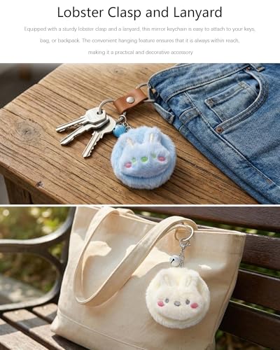 Pink Bunny Plush Makeup Mirror Keychain with Lanyard - Portable Mini