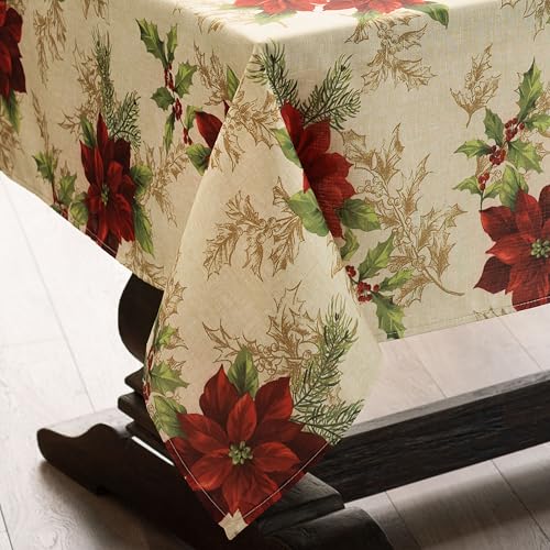 Festive Poinsettia Holiday Rectangular Tablecloth 120 x 60 Inches - Multicolor
