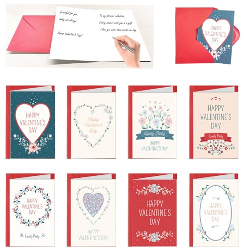 IIEFFJL 8-Pack Valentine's Day Greeting Cards with Red Envelopes for Kids and Adults