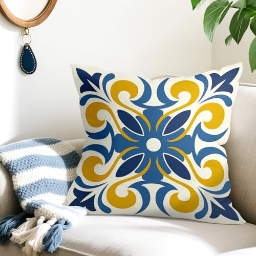 Blue Mediterranean Floral Throw Pillow Covers Set of 4 - 16"x16" (Boho-03)