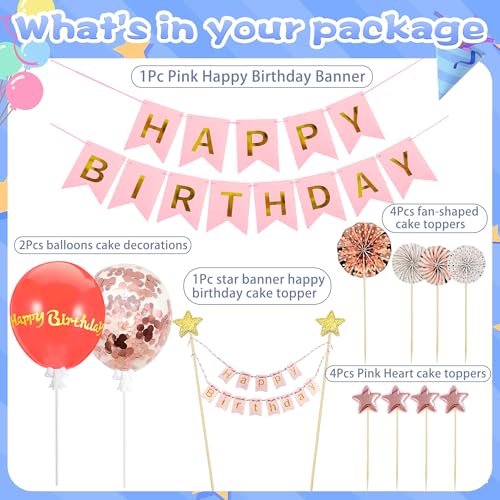 13-Piece Pink Happy Birthday Cake Topper Set with Stars and Balloons