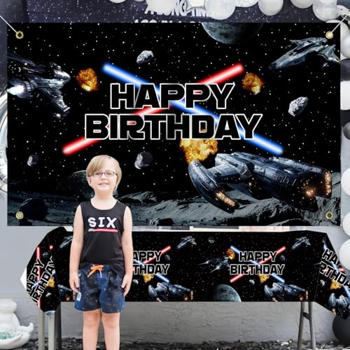 Space Battleship Birthday Backdrop Banner - 3x5ft Galactic Party Decor