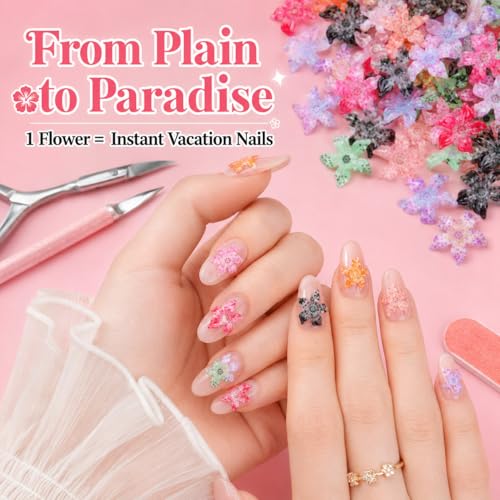 BIDEX 100 Pcs 3D Hawaii Flower Nail Charms Resin Floral Art Accessories