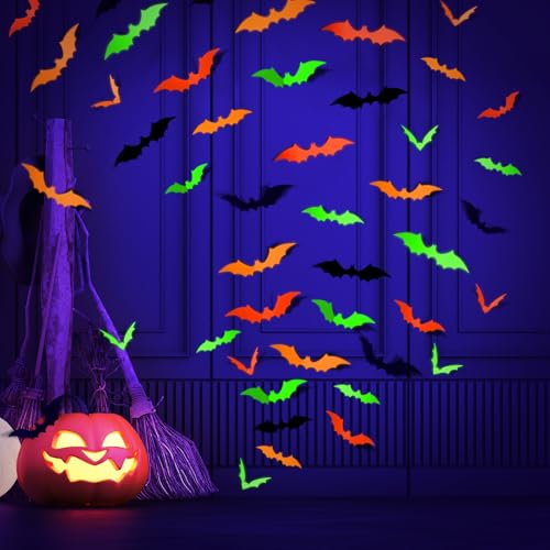 LOLStar 72-Piece 3D Neon Glow Halloween Bat Wall Decals, Fluorescent Decor