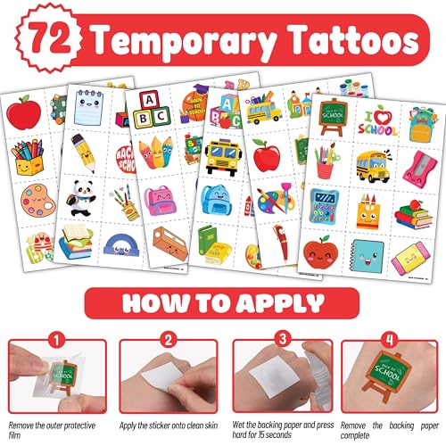 144PCS Back to School Party Favors with Temporary Tattoos & Slap Bracelets