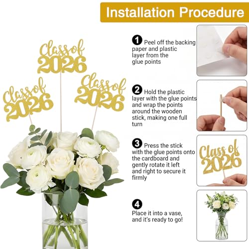 Class of 2026 Graduation Centerpieces - 12 Double-Sided Glitter Sticks