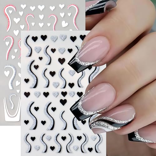 6 Pcs Valentines Glitter Heart Nail Stickers Self-Adhesive Decals