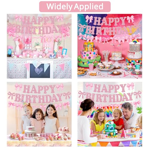 Pink Glitter Bow Happy Birthday Banner - Pre-Strung Party Decor
