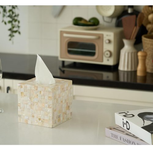 5.9” Mother of Pearl Tissue Box Cover for Kleenex and More – Handcrafted Square Tissue Holder with Sliding Bottom – Decorative Napkin Dispenser for Bathroom, Bedroom, Kitchen, Office