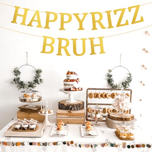 Happy Rizz Bruh Gold Glitter Birthday Banner - Pre-Strung Party Decor