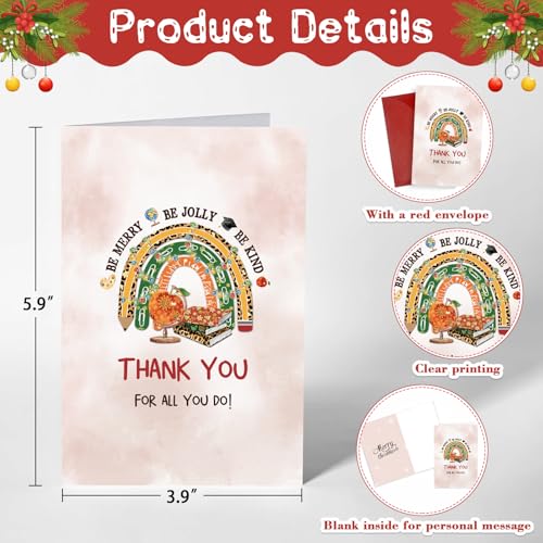 JUESMOS Teacher Christmas Card with Envelope, Thank You Greeting Card