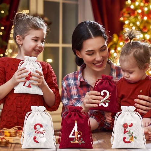 Christmas Advent Calendar Bags - Red & White, 24 Count Holiday Countdown Decor