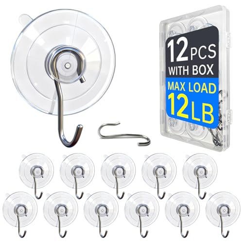 Suction Cup Hooks 12 Pack - 12LB Max Load, Clear Stainless Steel