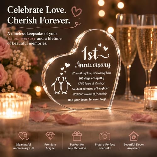 Acrylic Heart Decor with Penguin Couple - 1st Anniversary Keepsake