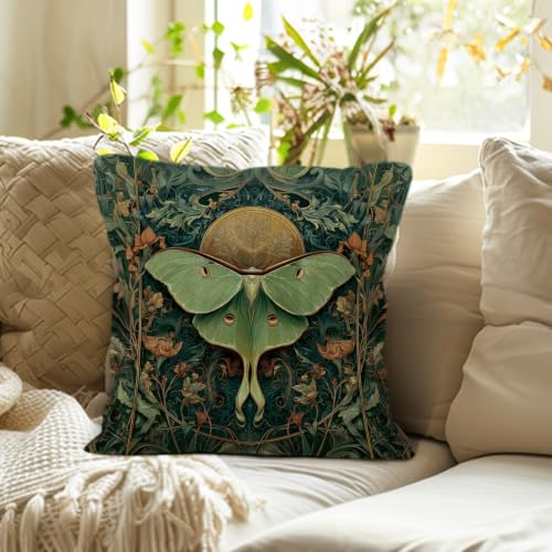 Boho Green Luna Moth Throw Pillow Cover 18x18 | Cozy Home Decor