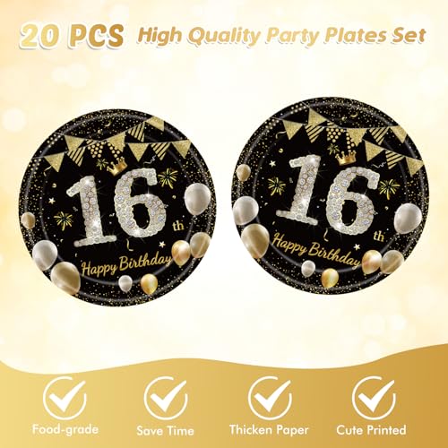 16th Birthday Decorations Set - Black Gold Party Supplies for Teens