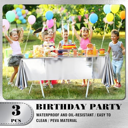 3 Pcs Silver Tablecloth Set - 54x72 Inch Disposable Foil Covers