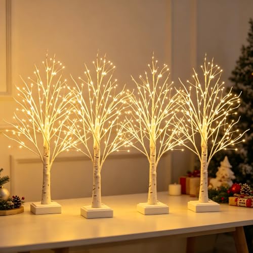 Artificial Birch Tree Lamp Set - 4 Pack Warm White LED Tree Lights with Timer and DIY Branches