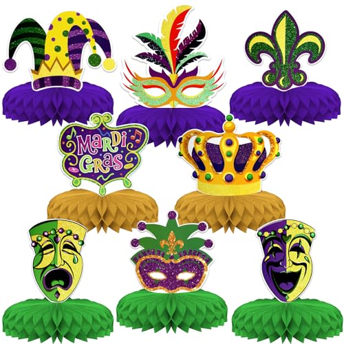8-Piece Mardi Gras Party Decorations - Honeycomb Centerpieces