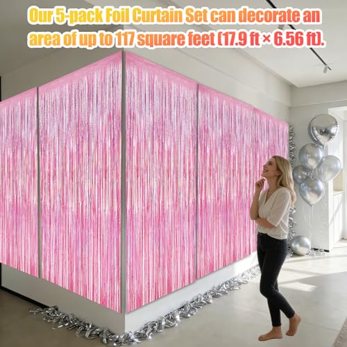 SIOMEIRY 5 Pack Glitter Pink Tinsel Fringe Curtains for Parties & Photo Booths, 3.28ft x 6.56ft