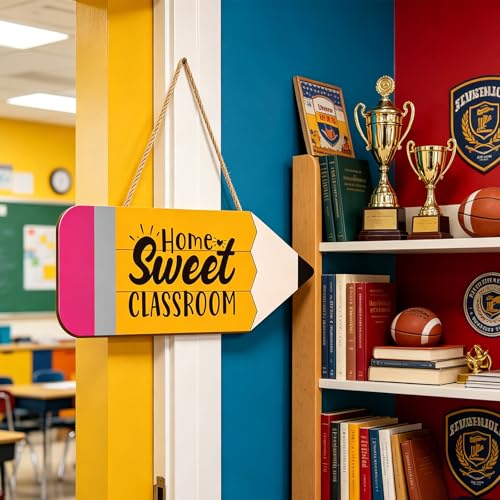 Clothmile Pencil-Shaped Wooden Door Sign - Home Sweet Classroom Decor, 13.8x5.1 Inch, Back to School Wall Hanger, Classroom & Porch Door Decor (Variation: Pencil)