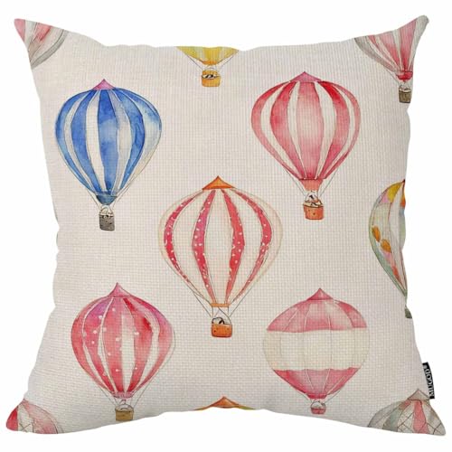 Mugod Watercolor Hot Air Balloon Throw Pillow Cover, 18x18 Inch Linen