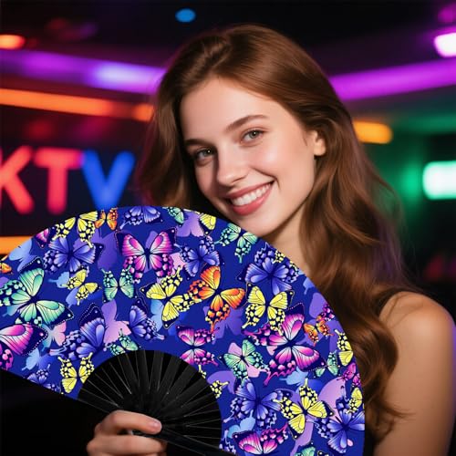 Large Folding Hand Rave Fan - Butterfly UV Glow Festival Fan