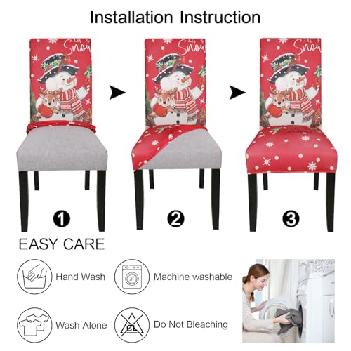 Christmas Chair Covers Set of 4 - Stretchable Snowflake Holiday Decor, Snowy Crimson