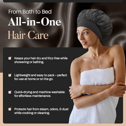 Merdia 2 PCS Satin Hair Bonnet for Sleeping and Shower Cap Black 11.8 Inch
