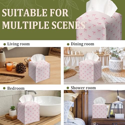 Pink Ribbon Bow Square Tissue Box Cover - Preppy Decorative Leather Holder