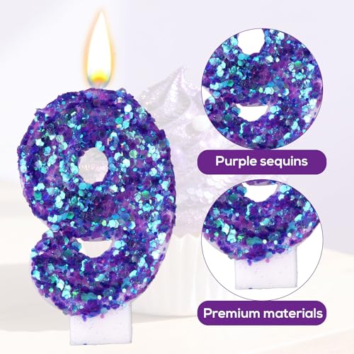 Gosknor Purple Number 9 Birthday Candle with Sequins & Wax Holder